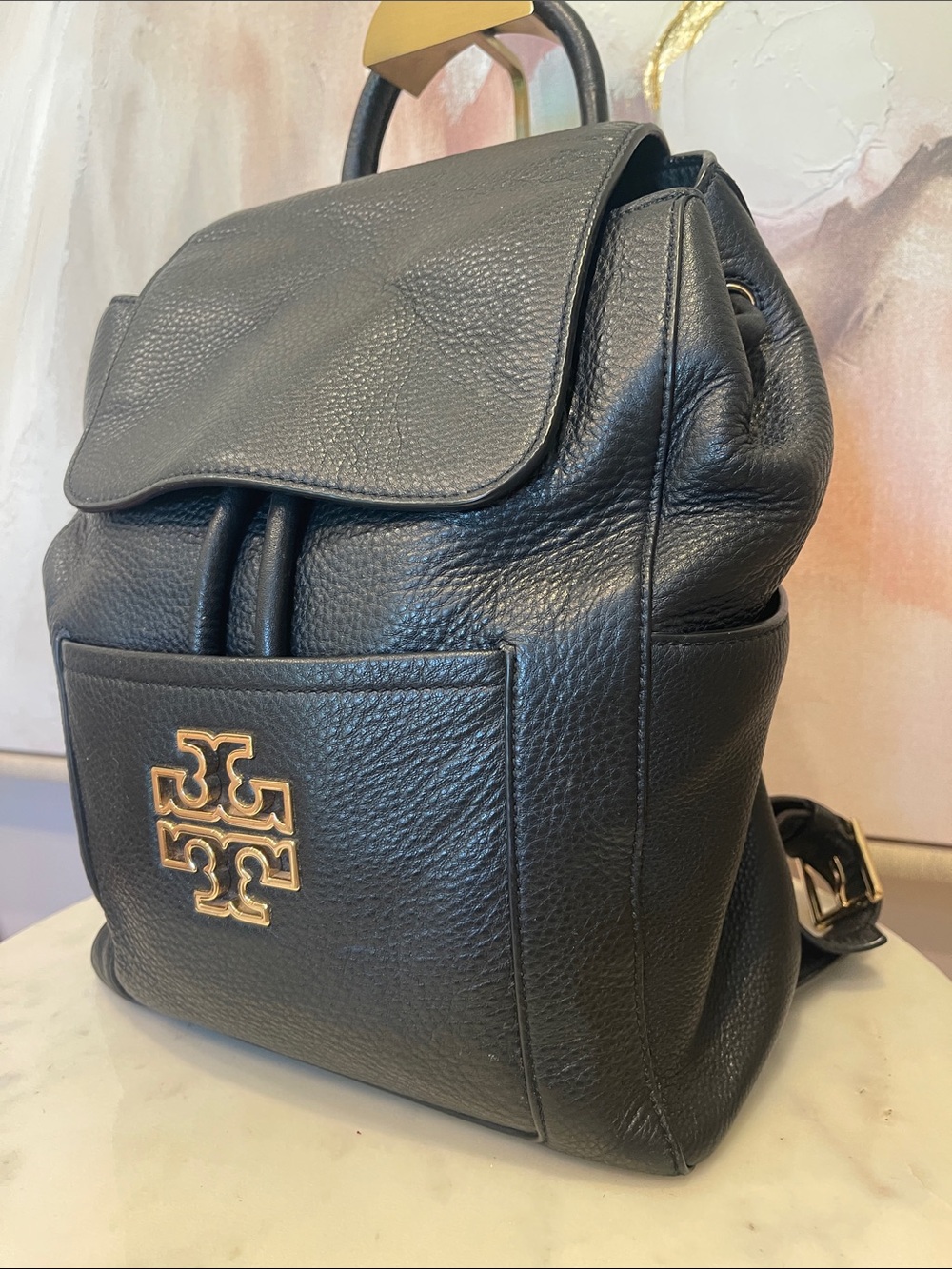 Tory Burch Black Britten Pebbled Leather Logo Backpack with Gold Hardware - Picture 2 of 5